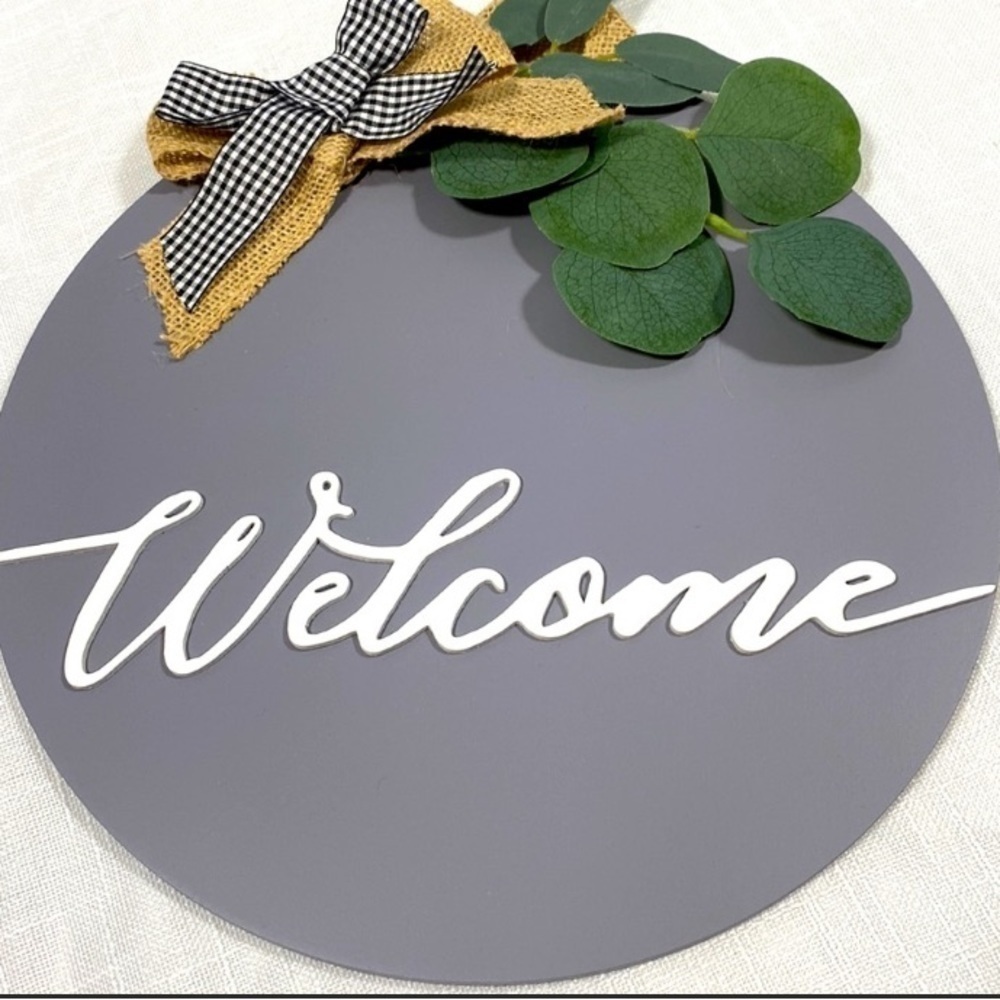 NWOT WELCOME sign with greenery and canvas bow​​​​​​​​​​​​​​​​​